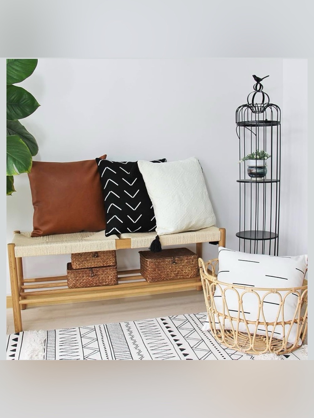 Set of 4 Boho Cotton & Faux Leather Throw Pillow Covers for Couch Sofa 18”x18”